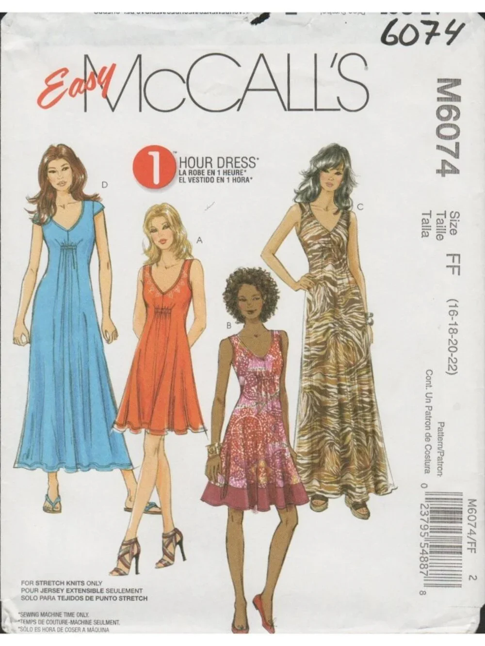 McCall's 6074 Easy 1 Hour Fit & Flare Dress Pattern for Knits Size 16-22 Uncut